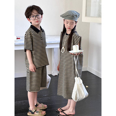 Children's brother and sister clothing 2024 summer new Korean style boys' striped suit boys and girls short-sleeved shorts two-piece set
