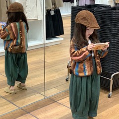 韓版童裝2023秋季新款女童時尚洋氣豎條紋外套燈籠褲打底衫三件套