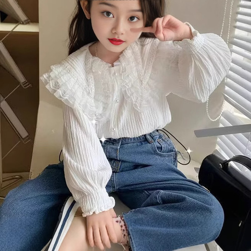Girls' Blouse 2025 Spring and Autumn Baby Girls' Lace Trimmed Turn-down Collar Long-sleeved Base Shirt Princess Top Drop Shipping