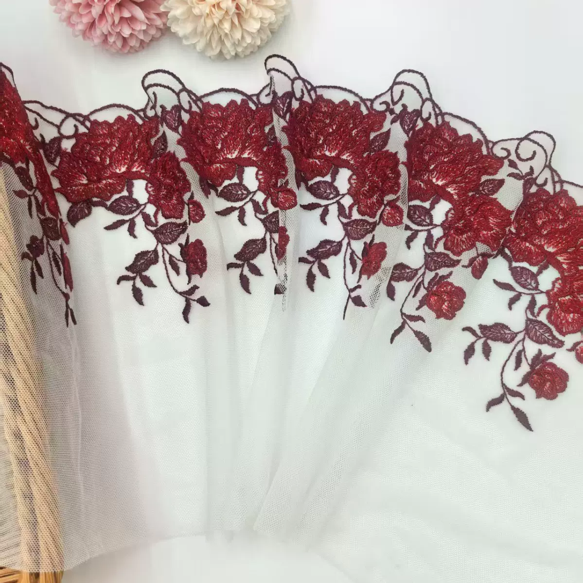 红色法式复古玫瑰重工银线网纱刺绣花边 内衣女裙家纺蕾丝边辅料