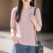 法式高端花纱冰麻V领短袖针织开衫女T恤夏季轻薄透气洋气减龄上衣
