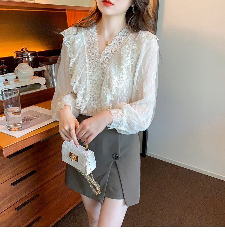 2023春季新款V领荷叶边衬衫女长袖蕾丝衫上衣温柔韩版仙女上衣详情17