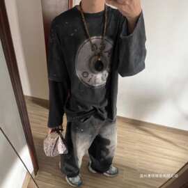 正确版现货原标AC家徽章全喷砂数码印花假两件长袖T恤男款棉