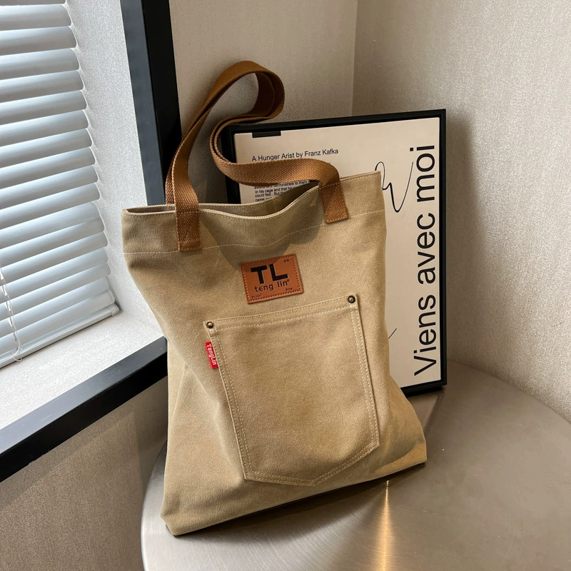 Емкая сумка через плечо из льна - модная Tote в черном, синем, хаки, слоновая кость