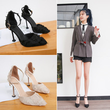 涼鞋女2023夏新款韓版時尚包頭一字扣涼鞋尖頭細跟職業超高跟女鞋