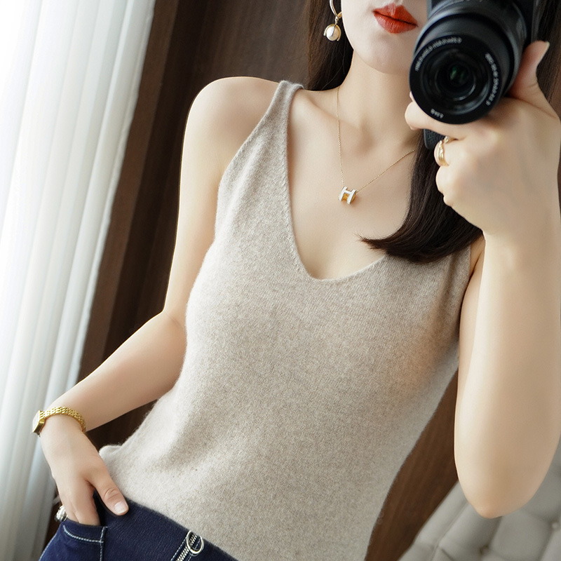 카미솔 여성용 V 넥 풀오버 슬리브리스 내베이스 셔츠 슬림 핏 쇼트 탑 서양식 아우터웨어 니트 스웨터