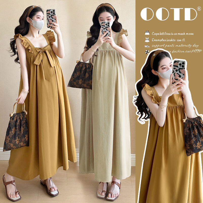 Maternity 2025 Summer New Korean Fashion Sweet Flying Sleeve Bow Front and Back Wear Pregnant Women dress