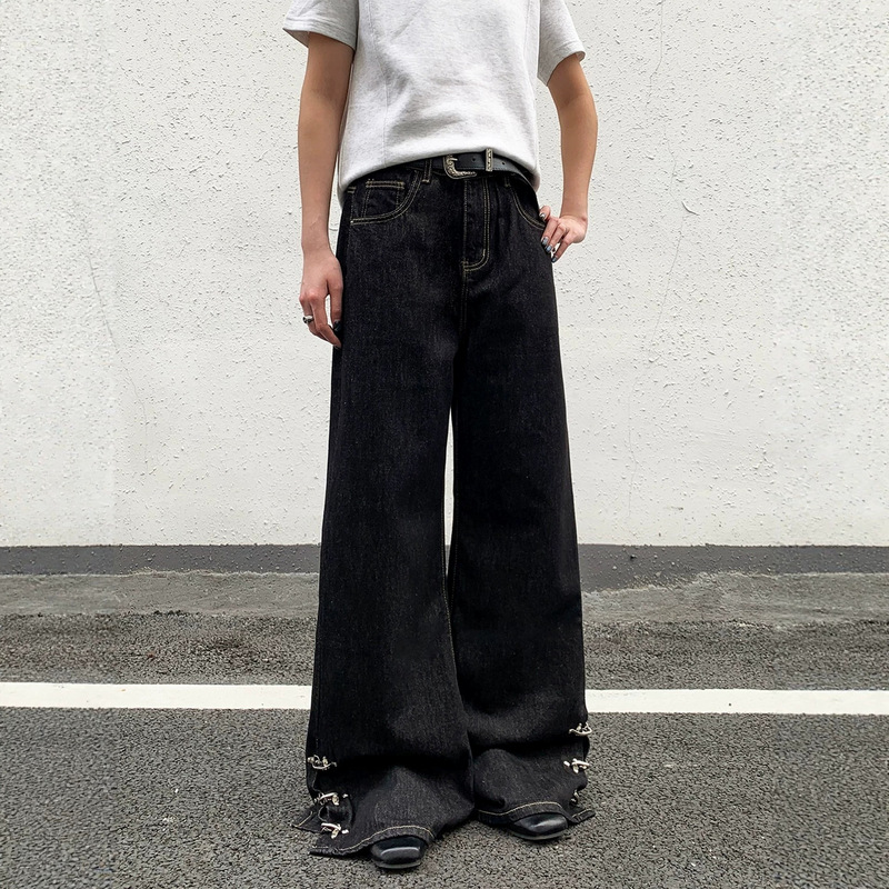 Unique design airplane buckle raw denim straight-leg jeans for men and women, American-style floor-length loose wide-leg micro-flared pants Unique design airplane buckle raw denim straight-leg jeans for men and women, American-style floor-length loose wide-leg micro-flared pants
