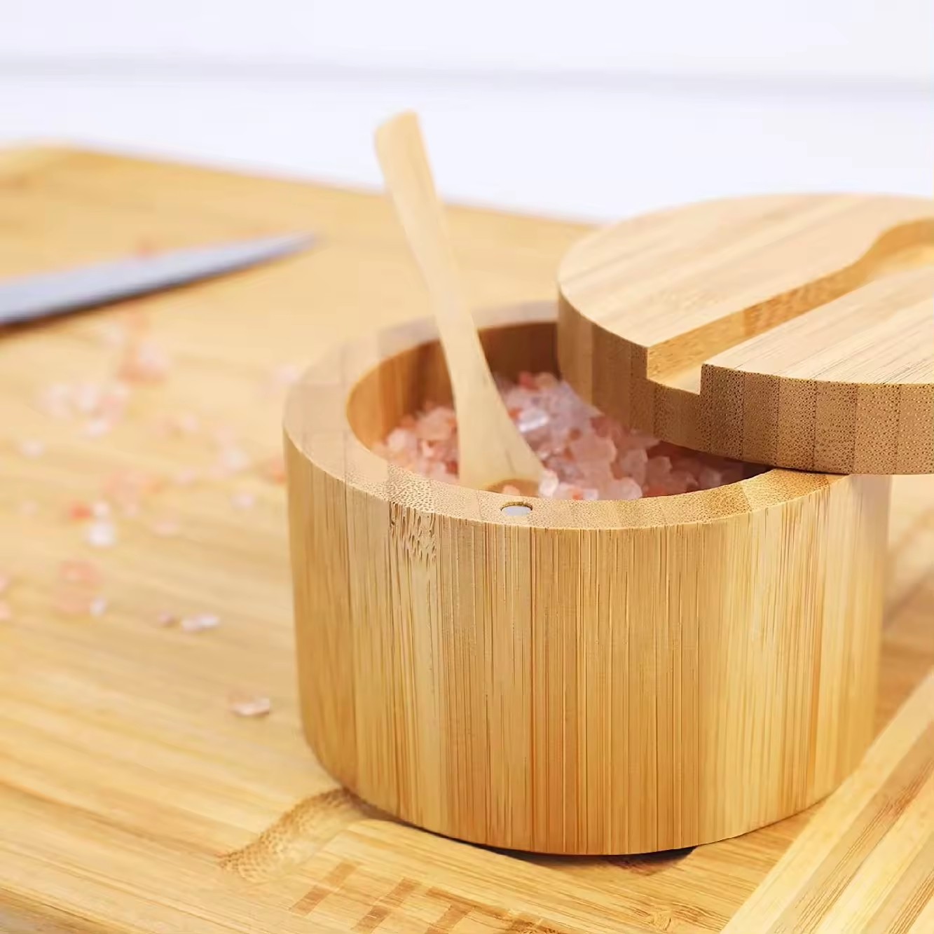 竹木盐盒带勺子厨房香料罐磁性旋转盖实木调味盒家用调料容器套装