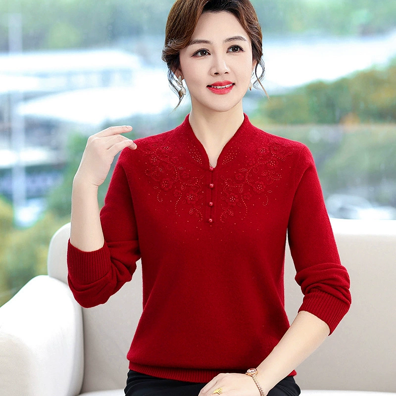 Осень и зима для мам среднего возраста Новый чистый свитер красный свитер с воротником Чонсам для женщин среднего и пожилого возраста 2023 Новинка
