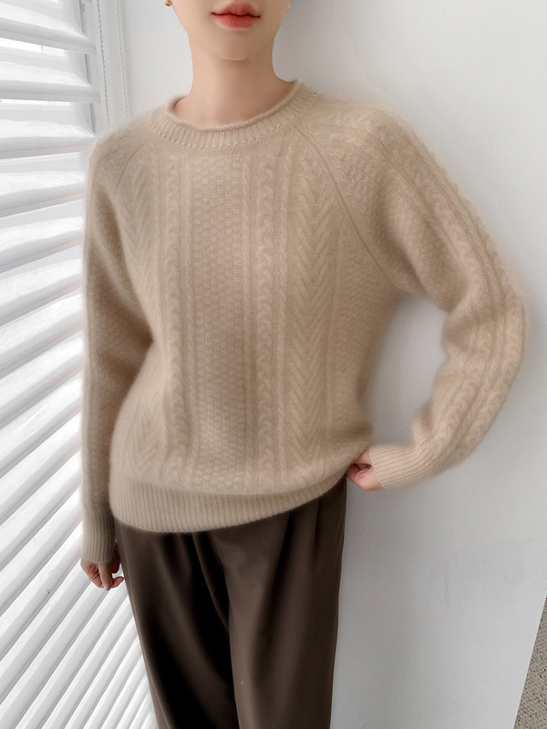 New Thickened Pure Wool Seven-Stitch Pullover Sweater with Rolled Edges, Round Neck, Long Sleeves for Women, Autumn and Winter