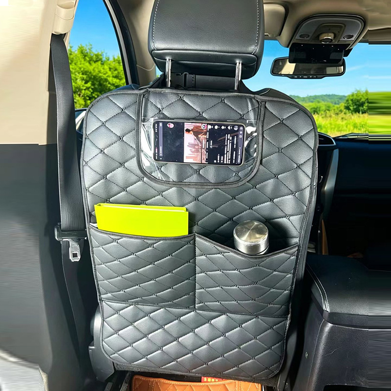 1-piece diamond embroidery pattern seat anti-kick pad, car seat back storage bag, phone holder, full-cover anti-kick pad