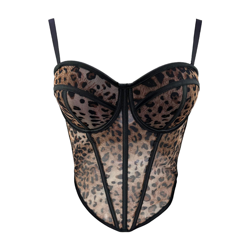 Cross-Border Leopard Print Mesh Fishbone Bra with Built-In Chest Pads and Back Hook-And-Eye Closure, Slimming Hot Girl Bralette Tank Top Sleeveless