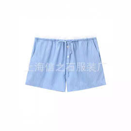 ZA欧美宽松蓝色条纹短裤白色裤腰拼色直筒短裤内裤式短裤6929503
