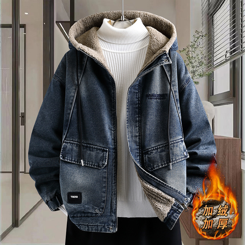 Autumn and Winter Denim Fleece-Lined Thick Hooded Jacket for Teenagers, Fashionable Loose Casual Versatile Trendy Student Coat Autumn and Winter Denim Fleece-Lined Thick Hooded Jacket for Teenagers, Fashionable Loose Casual Versatile Trendy Student Coat