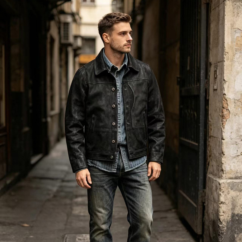 American retro Pakistani oil-treated goatskin jacket, men's casual, matte finish, genuine leather workwear