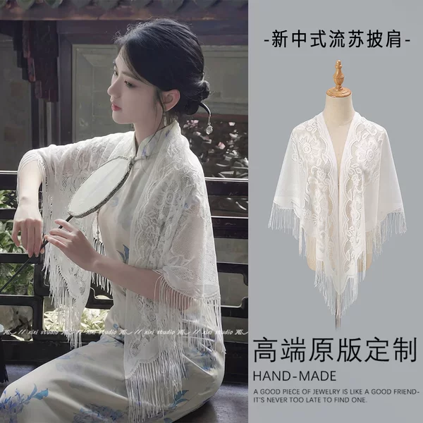 New Chinese-Style White Tassel Shawl for Women, Elegant Lace Triangle Scarf, Stylish Cape to Pair with Qipao, Versatile Shawl