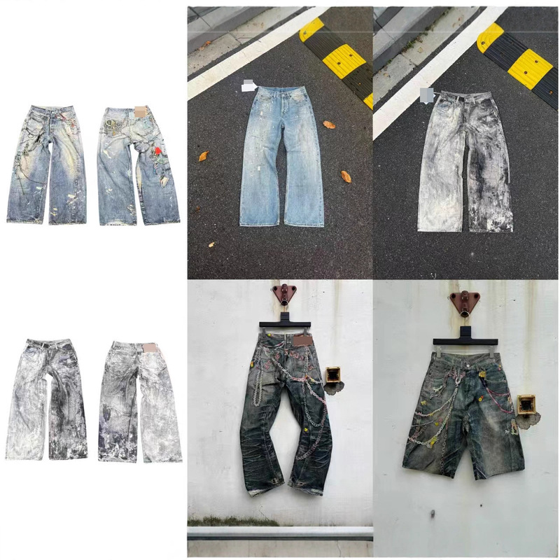 Cross-Border High-End Version A-Style Wide-Leg Loose Water Ripple Denim Pants 3D Printed Graffiti Ripped Jeans for Men and Women Cross-Border High-End Version A-Style Wide-Leg Loose Water Ripple Denim Pants 3D Printed Graffiti Ripped Jeans for Men and Women