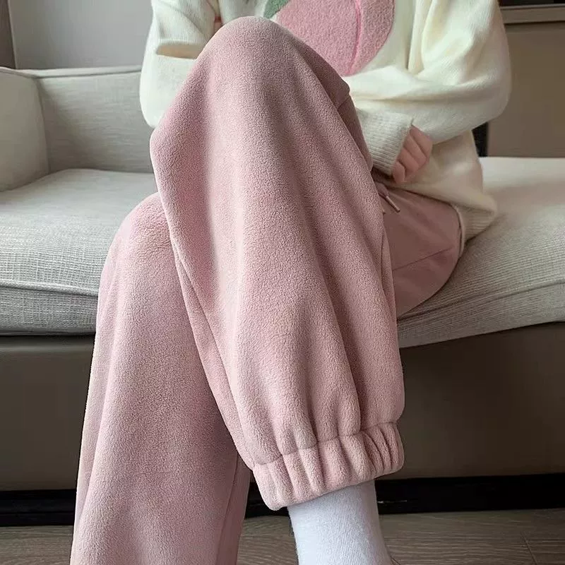 Розовые плюшевые спортивные брюки женские весенние осенние и зимние толстые снаружи носить теплые ветрозащитные хлопчатобумажные брюки