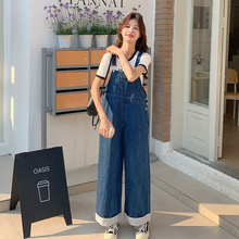 实拍学院风格子拼接牛仔背带裤女春夏新款小个子休闲阔腿连体裤子