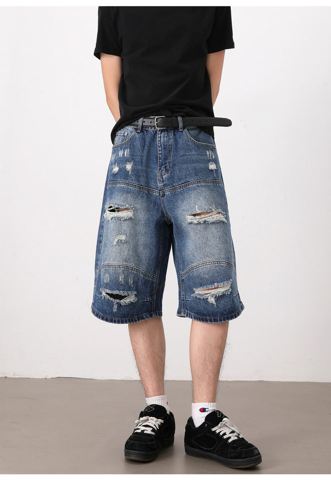 Quần short jean nam dáng rộng phong cách retro, rách giặt mài, lửng ống đứng — Màu xanh dương chi tiết 15