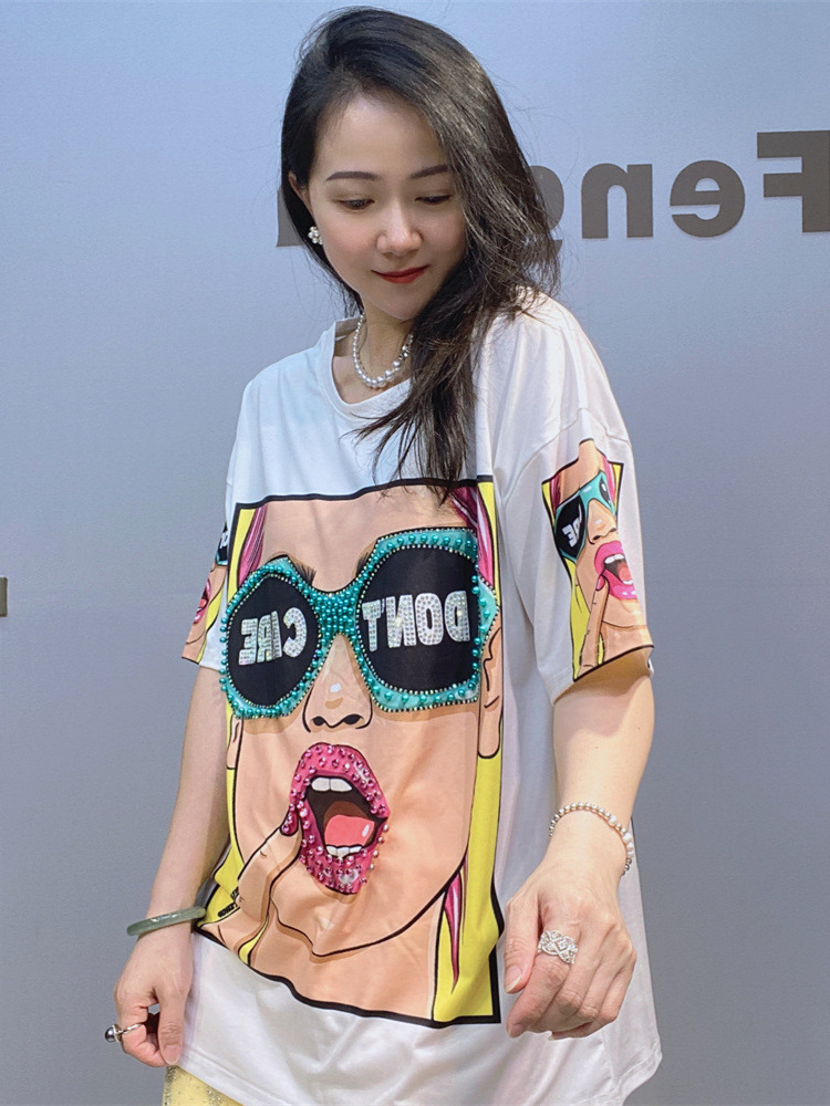 Camiseta de Mujer con Cuentas y Estampado de Algodón y Spandex Corte Holgado para Verano