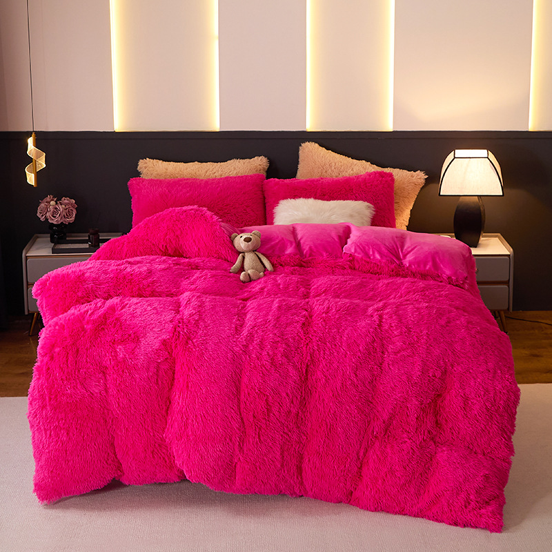 Juego de cama de cuatro piezas de terciopelo de visón, funda nórdica de felpa larga y cálida, terciopelo de cristal de color liso, exclusivo para exportación transfronteriza.