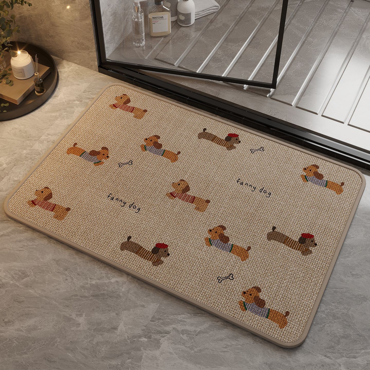 Cartoon Puppy Linen Bathroom Floor Mat Linen Woven Bathroom Non-Slip Mat Toilet Water-Absorbent Quick-Drying Wear-Resistant Foot Mat