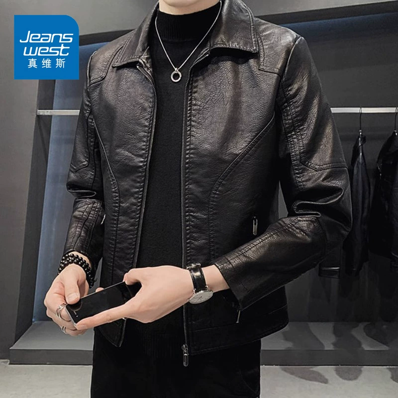 Мужская кожаная куртка Jeanswest, новинка 2024 года, стильная черная байкерская повседневная кожаная куртка с лацканами, пальто, весенне-осенний стиль