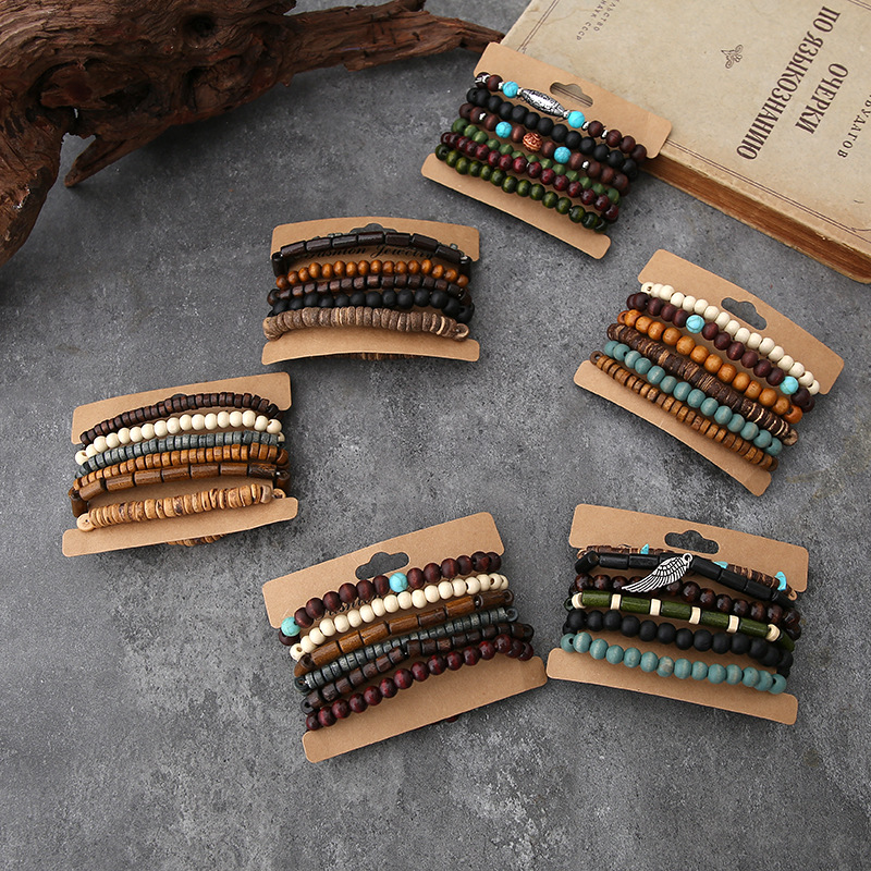 European and American Cross-Border Hot-Selling Handmade Beaded Bracelets for Men, Retro-Style Multi-Layered Elastic Thread Coconut Shell Wood Bead Bracelets