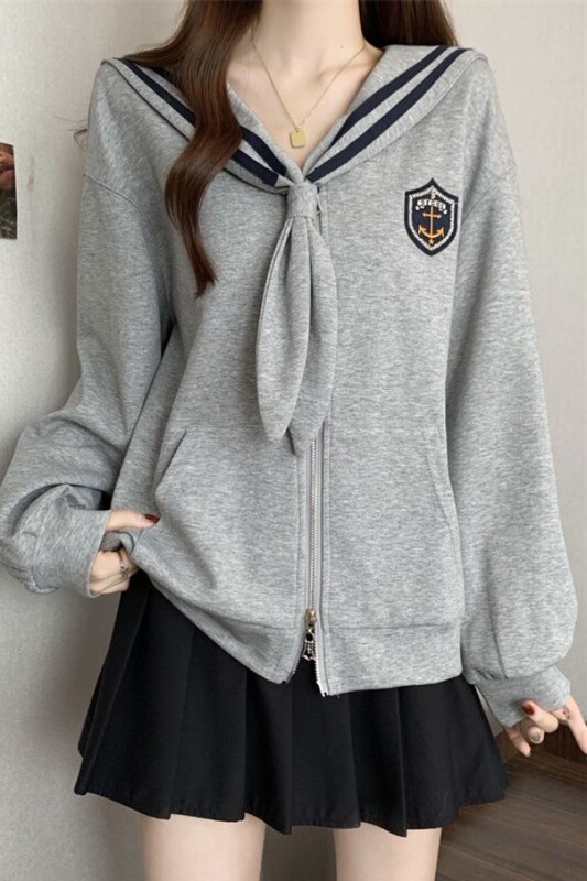 College Style Navy Collar Long-Sleeved Sweatshirt for Women Plus Size Autumn and Winter Loose Slimming Look Right Shoulder Top Jacket Trendy