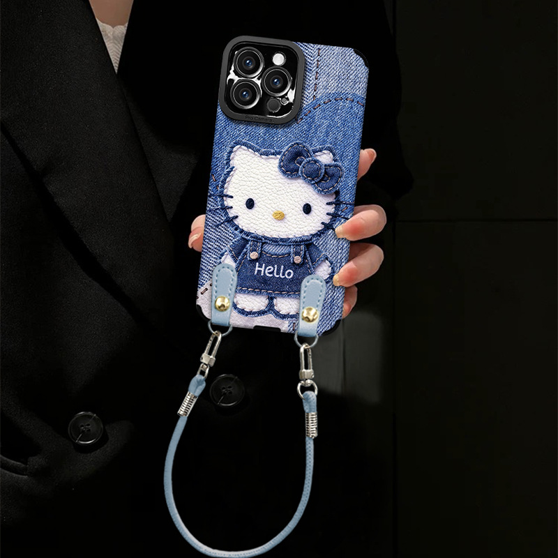 牛仔猫咪挂绳适用苹果17手机壳15promax硅胶羊皮16可爱防摔14女生