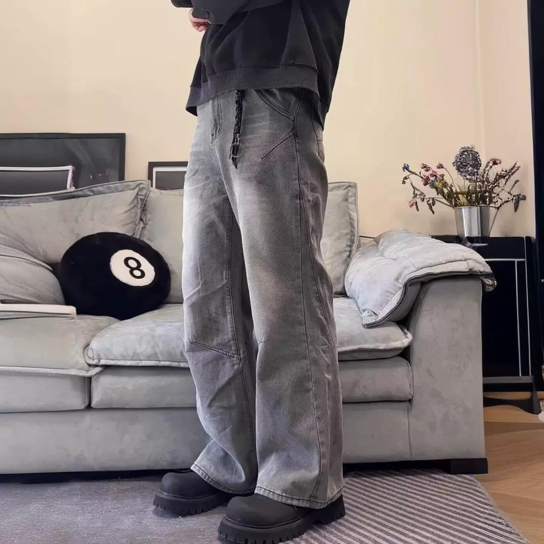 Pantalon en denim droit à jambe large pour homme, style décontracté, polyvalent, ample, délavé et usé_voghion.com