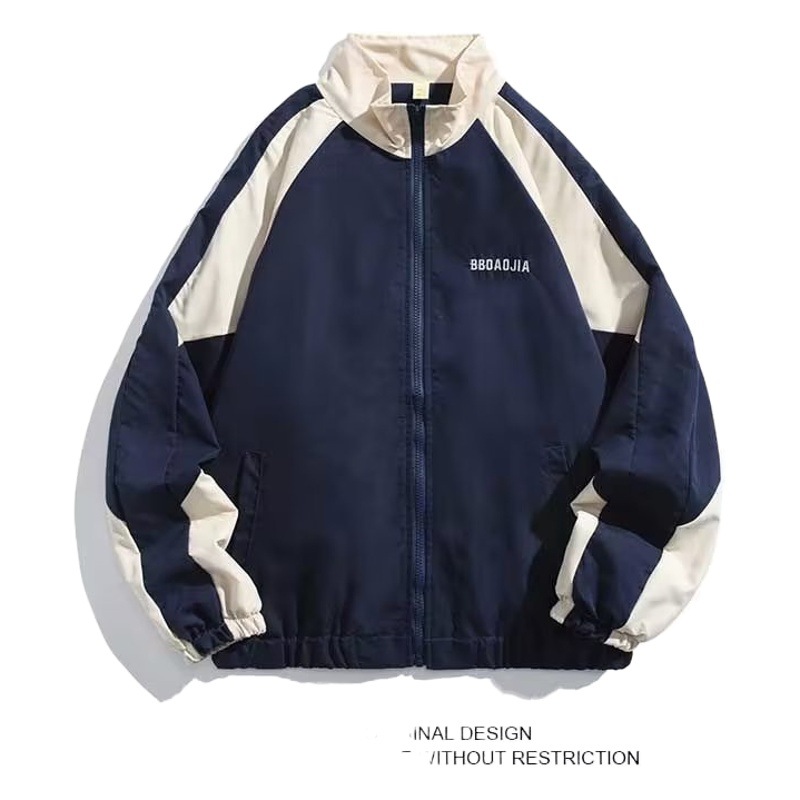 Japonés retro contraste color costura soporte collar chaqueta hombres de primavera y otoño marca de moda suelta estilo universitario pareja chaqueta casual
