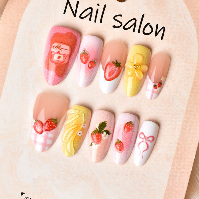 30 Pieces of Cross-Border Spring-Themed Strawberry Dessert Nail Art with Cream Flower Patterns, Medium-Sized Almond-Shaped Nail Tips Wholesale 30 Pieces of Cross-Border Spring-Themed Strawberry Dessert Nail Art with Cream Flower Patterns, Medium-Sized Almond-Shaped Nail Tips Wholesale