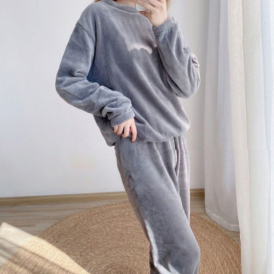 Coral Fleece Flat Women's Pajamas Thickened Flannel fleece-lined Winter Outer Wear Home Wear Warm Pants fleece-lined Suit