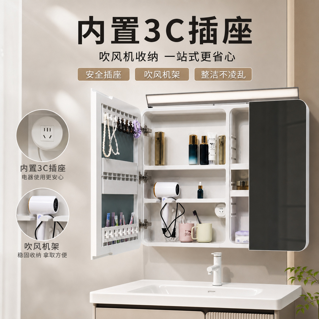 Gabinete de espejo japonés ABS de grado alimenticio, lámpara de maquillaje, ajuste de ángulo del gabinete de espejo de baño, tablero de lámina móvil, puerta de espejo plegable