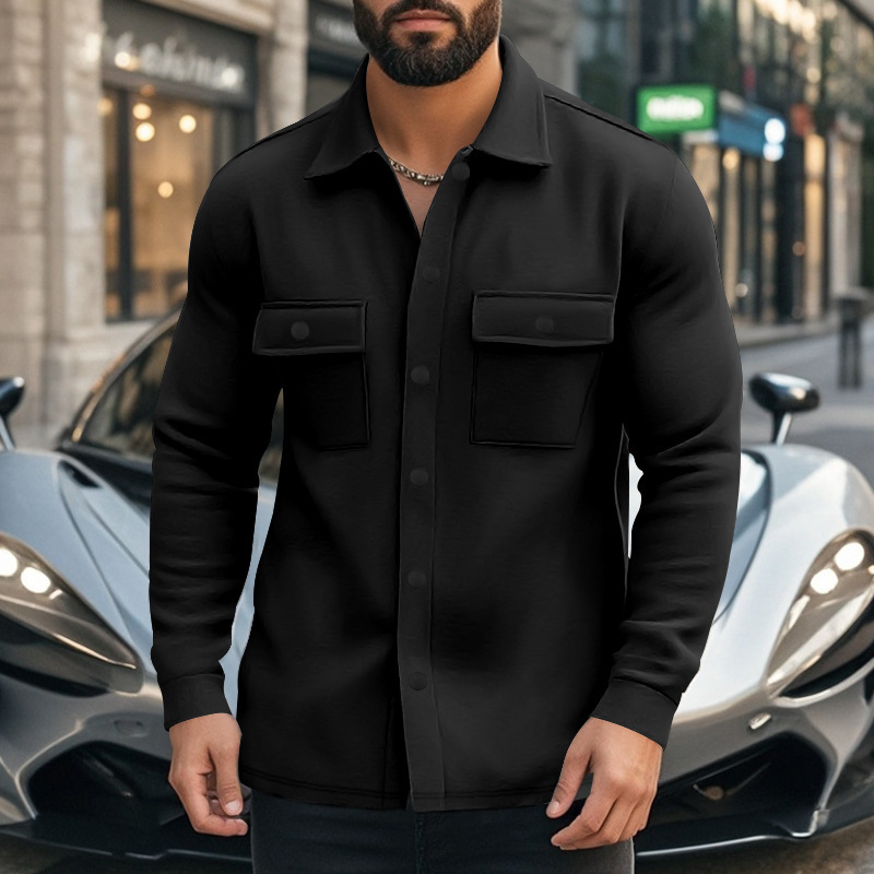 Amerikanische Kleidung mit Fleecekragen, mehreren Taschen, einreihig, einfarbige Freizeitjacke, Herrenjacke_voghion.com