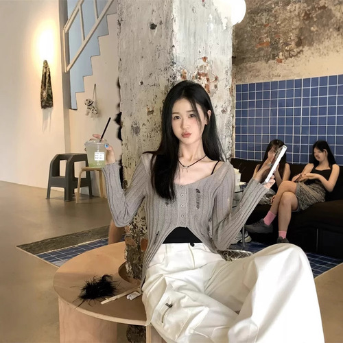 Pure Desire Style Lattice Hole Knit Cardigan for Women, Early Autumn Sexy Irregular Splicing Open-Front Short-Sleeve Top