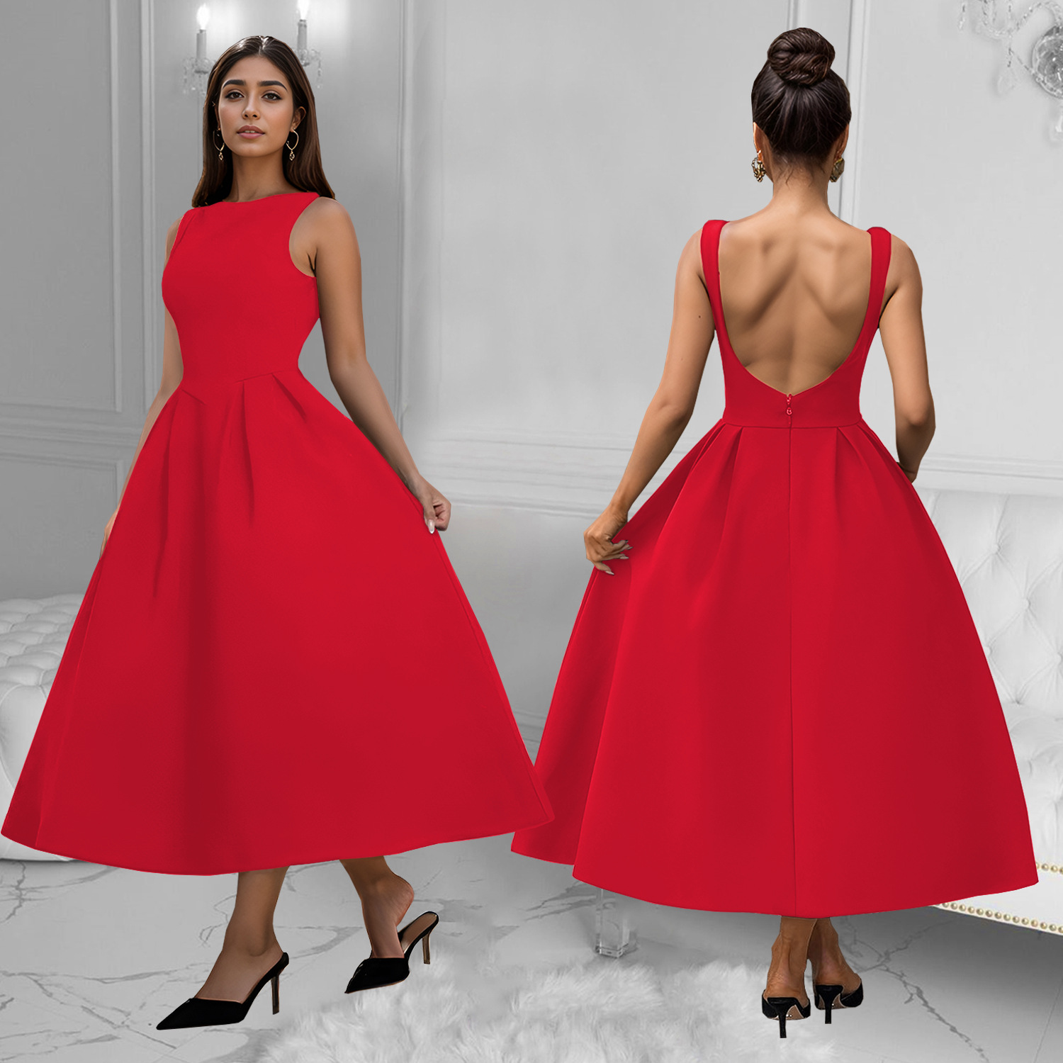 C7145 Aliexpress transfronterizo Amazon Europa y América de moda de mujer retro francés sin mangas vestido largo