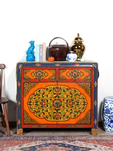 中式仿古彩绘玄关柜藏式实木鞋柜手绘复古装饰柜古风多功能入户柜