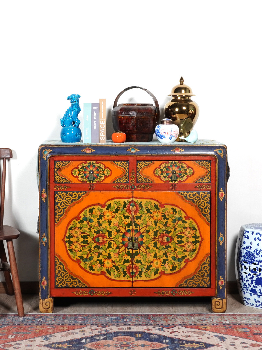 中式仿古彩绘玄关柜藏式实木鞋柜手绘复古装饰柜古风多功能入户柜