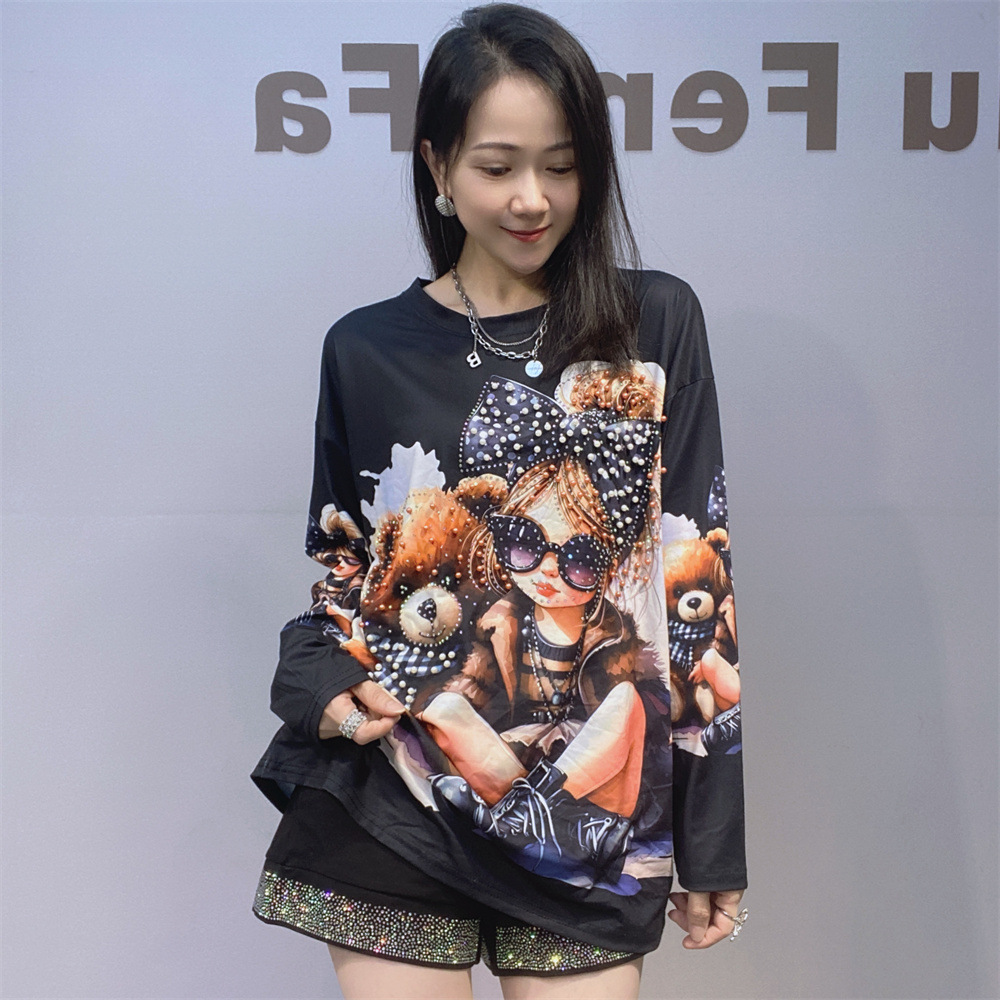 Comercio exterior transfronterizo ropa de mujer de cuello redondo suelto camiseta de manga larga de otoño nueva impresión de moda de gran tamaño perlas de clavos camiseta de manga larga image 7