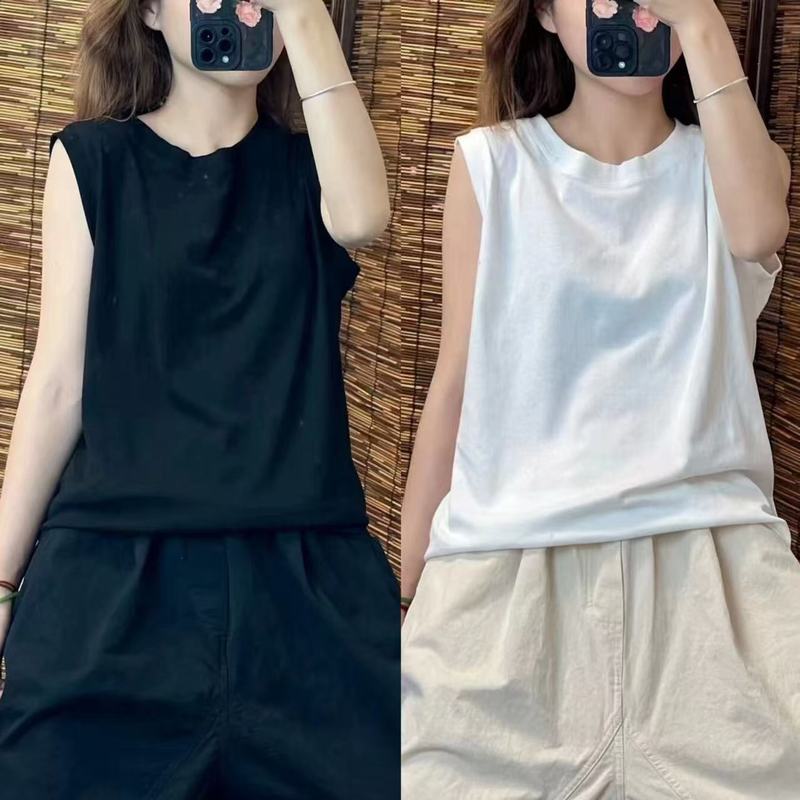 綿ルーズベストレディースアウター春夏ファットMM大きいサイズ痩身ラウンドネックノースリーブTシャツインナーレイヤリングトップ|undefined