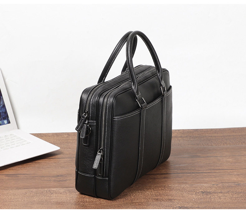Cặp công sở da bò lớp đầu khóa kéo đôi, túi xách tay nam đựng laptop 14 inch dung lượng lớn, có dây đeo vai 38×11×28 cm — đen chi tiết 4