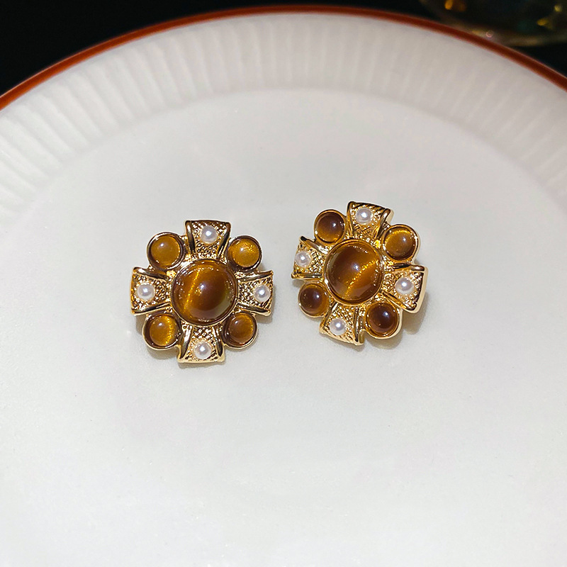 银针锆石珍珠虎眼石花朵耳环复古美拉德耳钉小众高级感轻奢耳饰女|undefined