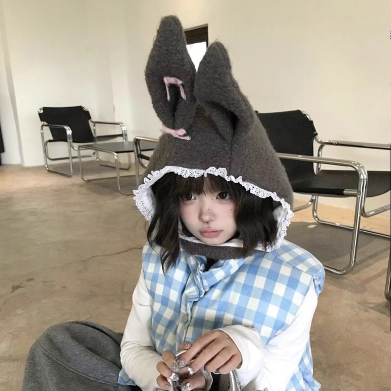 甜美可爱兔子耳朵毛绒帽子女秋冬保暖护耳雷锋帽显脸小加厚套头帽|undefined
