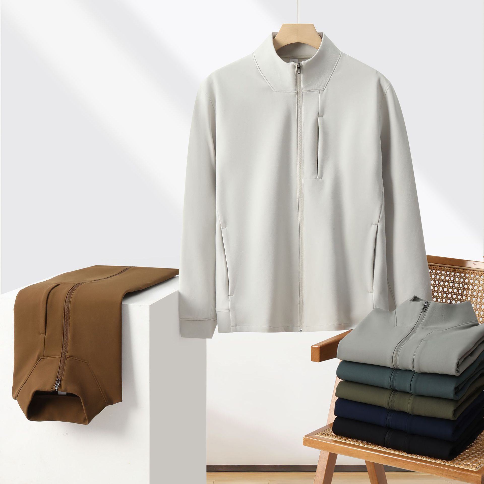 lulu同款四面弹开衫夹克【秋冬新款】半高领纯色户外休闲外套男士