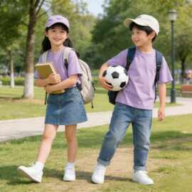 儿童T恤短袖夏季t恤男童纯棉宽松落肩女童宽松表演学院百搭款