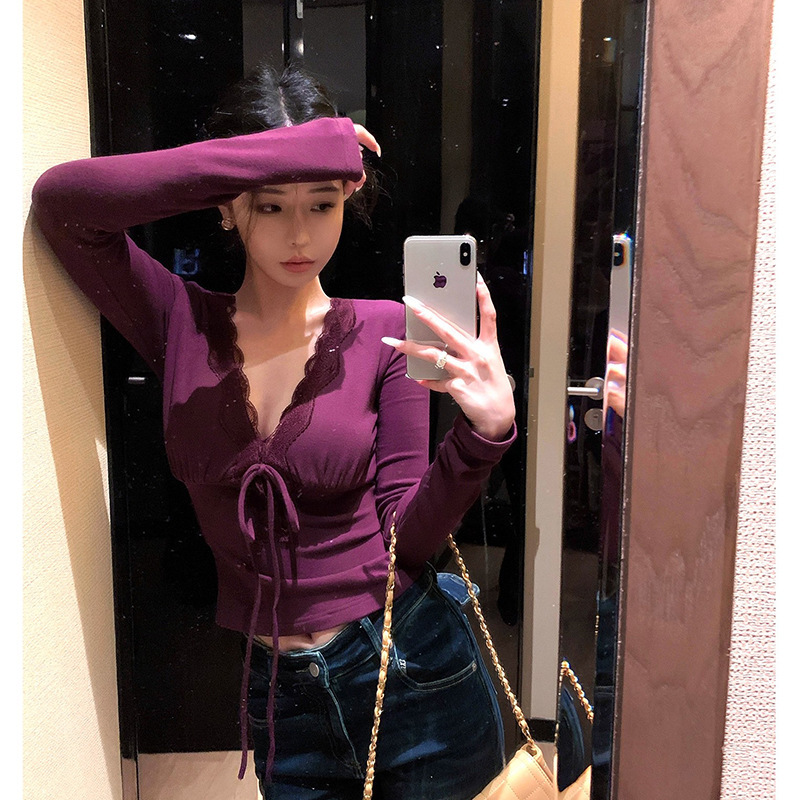 Pure Desire Lace Patchwork V-Neck Long-Sleeve Purple T-Shirt for Women Early Autumn Wear Slim Fit Stunningly Beautiful Top Pure Desire Lace Patchwork V-Neck Long-Sleeve Purple T-Shirt for Women Early Autumn Wear Slim Fit Stunningly Beautiful Top